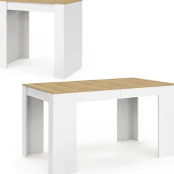 Table console extensible 140 cm blanc et bois façon hêtre