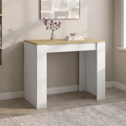 Table console extensible 140 cm blanc et bois façon hêtre