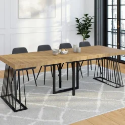 Table console extensible 10 personnes 235 cm plateau bois et pied filaire en métal noir