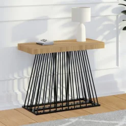 Table console extensible 10 personnes 235 cm plateau bois et pied filaire en métal noir
