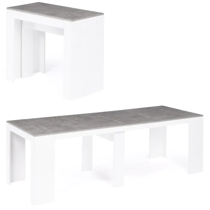 Table console extensible bois blanc et effet béton 10 personnes