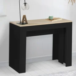 Table console extensible 14 personnes bois noir et façon hêtre