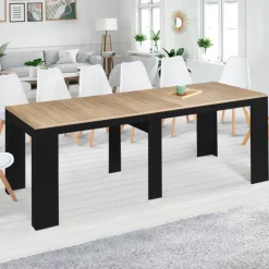Table console extensible 14 personnes bois noir et façon hêtre