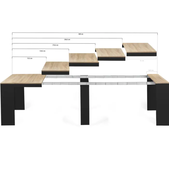 Table console extensible 14 personnes bois noir et façon hêtre