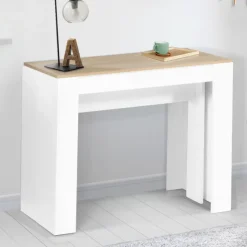 Table console extensible bois façon hêtre et blanc 10 personnes