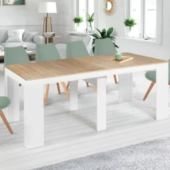 Table console extensible bois façon hêtre et blanc 10 personnes