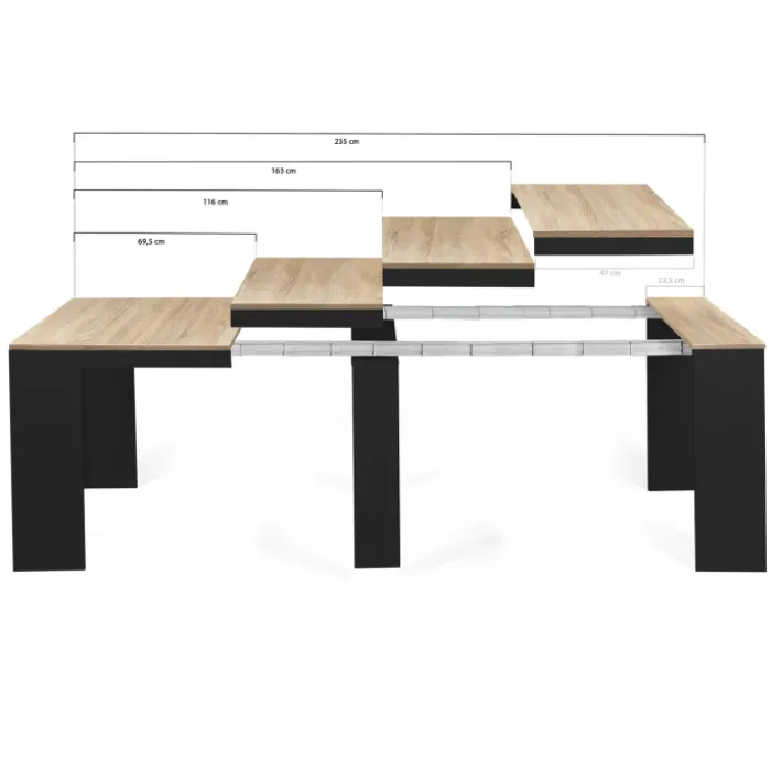 Table console extensible 10 personnes bois noir et façon hêtre