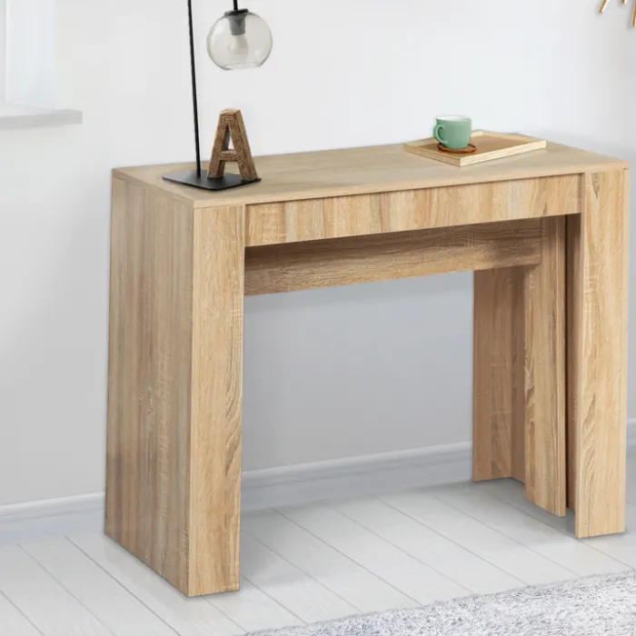 Table console extensible imitation hêtre 14 personnes 300 cm