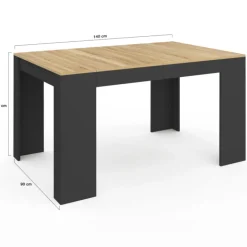 Table console extensible 6 personnes 140 cm noir et bois façon hêtre