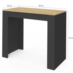 Table console extensible 6 personnes 140 cm noir et bois façon hêtre