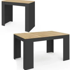 Table console extensible 6 personnes 140 cm noir et bois façon hêtre