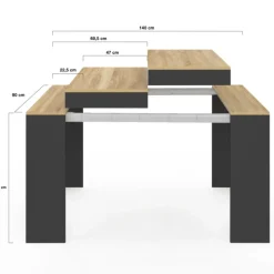 Table console extensible 6 personnes 140 cm noir et bois façon hêtre