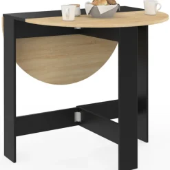 Table console pliable ronde 2-4 personnes bois noir plateau façon hêtre 103 x 76 cm
