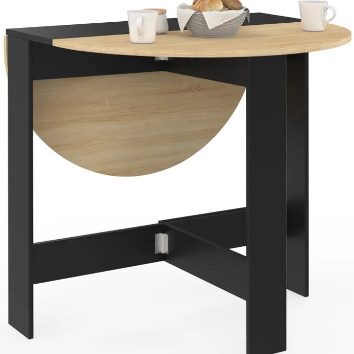 Table console pliable ronde 2-4 personnes bois noir plateau façon hêtre 103 x 76 cm