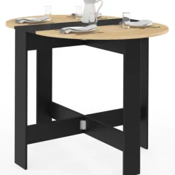Table console pliable ronde 2-4 personnes bois noir plateau façon hêtre 103 x 76 cm