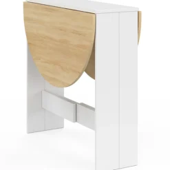 Table console pliable ronde 2-4 personnes bois blanc plateau façon hêtre 103 x 76 cm