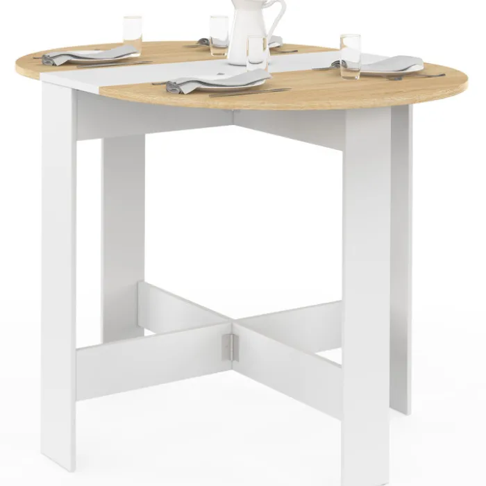 Table console pliable ronde 2-4 personnes bois blanc plateau façon hêtre 103 x 76 cm
