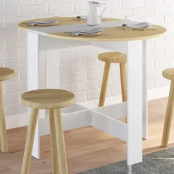Table console pliable ronde 2-4 personnes bois blanc plateau façon hêtre 103 x 76 cm