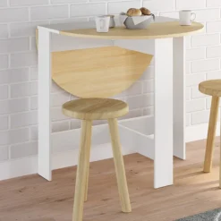 Table console pliable ronde 2-4 personnes bois blanc plateau façon hêtre 103 x 76 cm