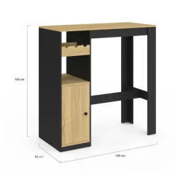 Table de bar 2 personnes bois et noir avec placard et range bouteilles