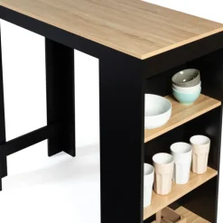 Table de bar haute noire et bois 2 à 4 personnes avec rangement