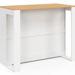 Table de bar îlot 113 cm avec range-bouteilles bois blanc et plateau façon hêtre