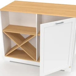 Table de bar îlot 113 cm avec range-bouteilles bois blanc et plateau façon hêtre