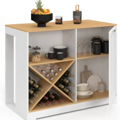 Table de bar îlot 113 cm avec range-bouteilles bois blanc et plateau façon hêtre