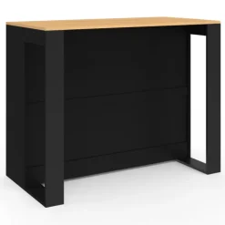 Table de bar îlot en bois noir avec range-bouteilles et plateau façon hêtre 113 cm