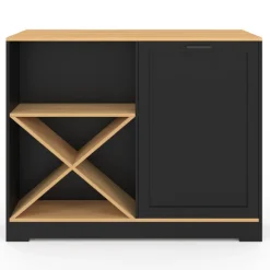 Table de bar îlot en bois noir avec range-bouteilles et plateau façon hêtre 113 cm