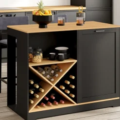 Table de bar îlot en bois noir avec range-bouteilles et plateau façon hêtre 113 cm