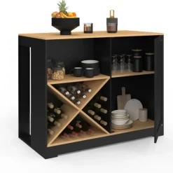 Table de bar îlot en bois noir avec range-bouteilles et plateau façon hêtre 113 cm