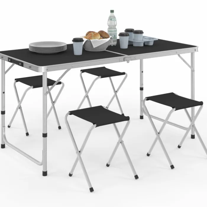 Table de camping pliante réglable en hauteur 120 cm et 4 tabourets noirs