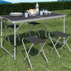 Table de camping pliante réglable en hauteur 120 cm et 4 tabourets noirs