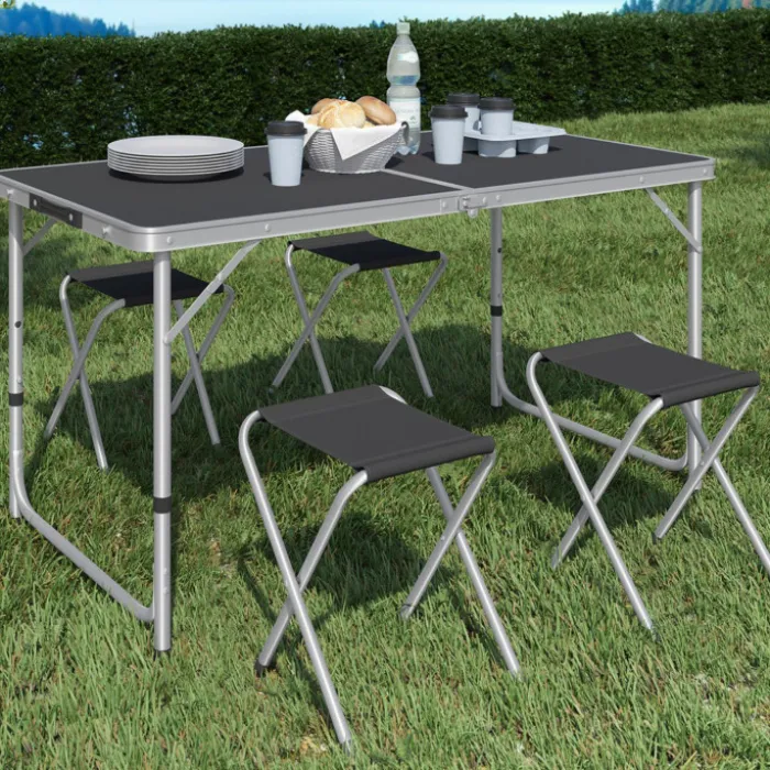 Table de camping pliante réglable en hauteur 120 cm et 4 tabourets noirs