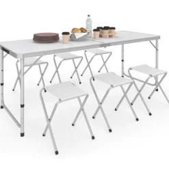 Table de camping pliante à hauteur réglable avec 6 tabourets blanc