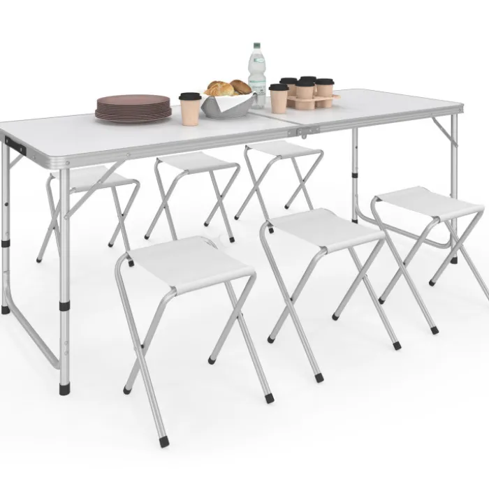 Table de camping pliante à hauteur réglable avec 6 tabourets blanc