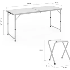 Table de camping pliante à hauteur réglable avec 6 tabourets blanc