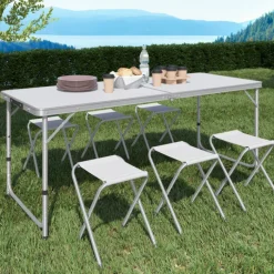 Table de camping pliante à hauteur réglable avec 6 tabourets blanc