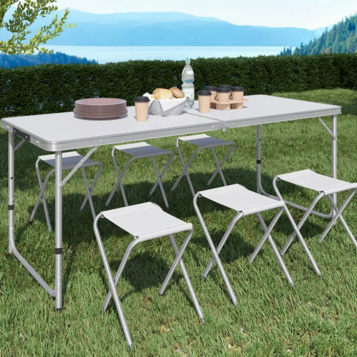 Table de camping pliante à hauteur réglable avec 6 tabourets blanc