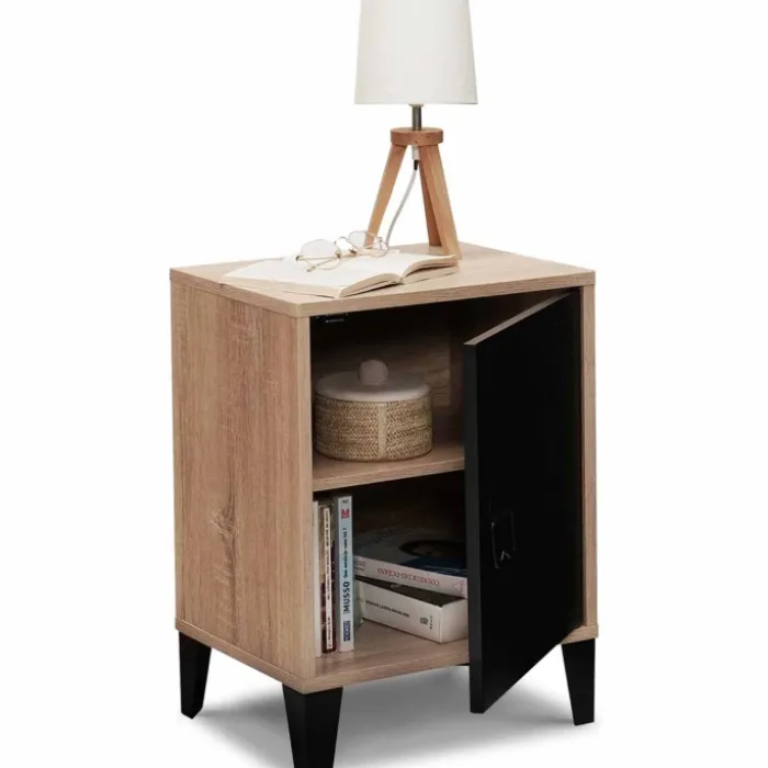 Table de chevet casier métal noir et bois