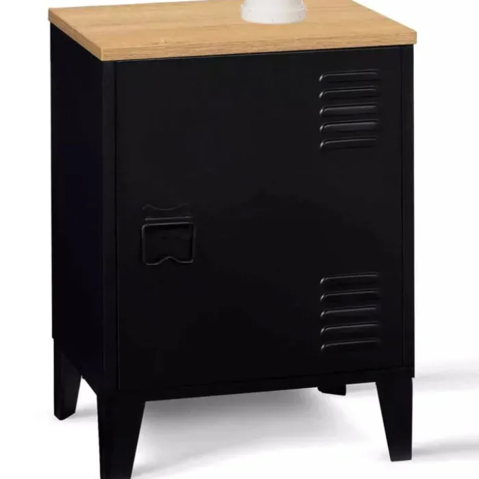 Table de chevet casier porte métal noir et plateau bois