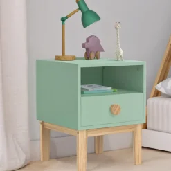 Table de chevet enfant 1 tiroir + 1 niche vert d'eau et bois