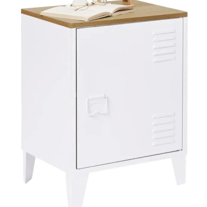 Table de chevet industrielle porte métal et plateau imitation hêtre