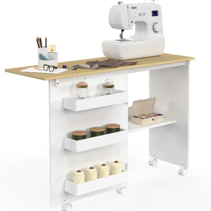 Table de couture pliante à roulettes avec plateau 118 cm et 4 étagères
