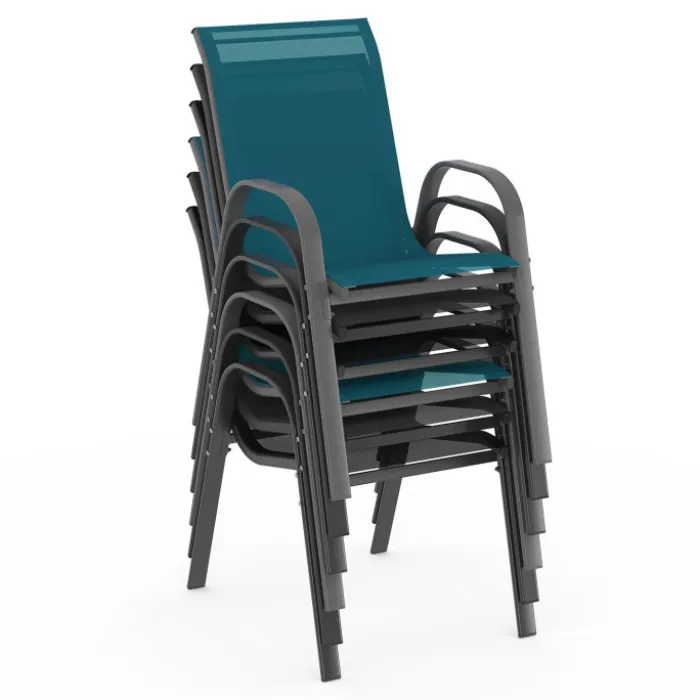 Table de jardin 240 cm 10 personnes et chaises empilables bleues, grises et noires