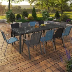 Table de jardin 240 cm 10 personnes et chaises empilables bleues, grises et noires