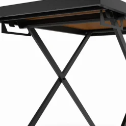 Table de jardin à hauteur réglable 3 positions 100 cm en métal noir et plateau effet bois