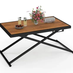 Table de jardin à hauteur réglable 3 positions 100 cm en métal noir et plateau effet bois
