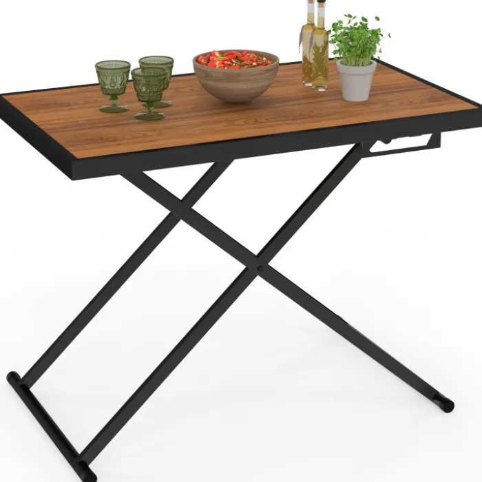 Table de jardin à hauteur réglable 3 positions 100 cm en métal noir et plateau effet bois